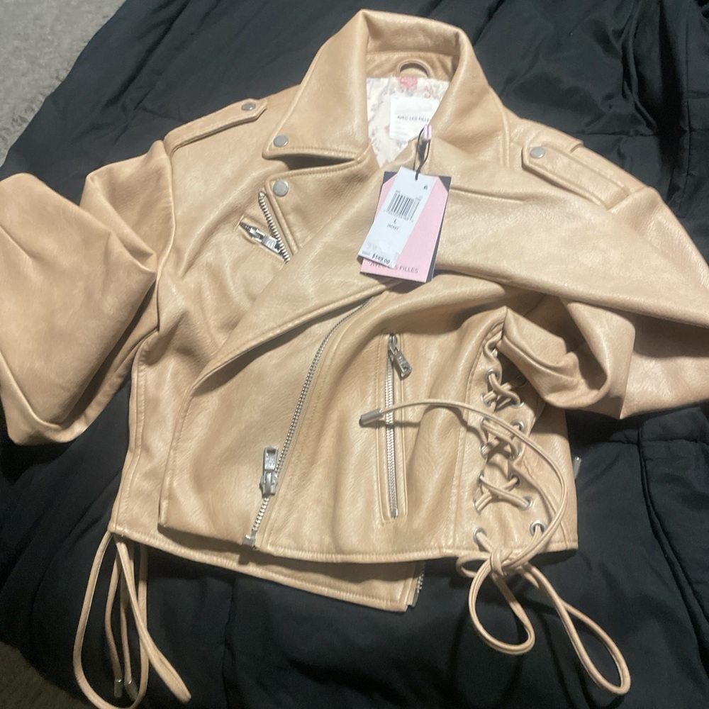 Avec Les Filles Light Brown Faux Leather Moto Jacket - Picture 3 of 4